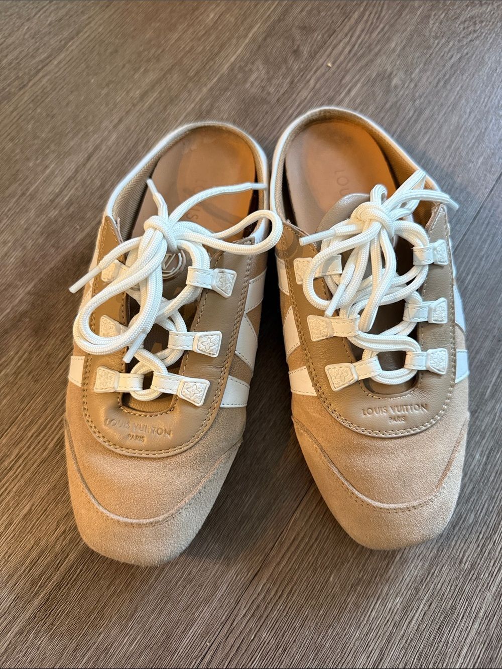 Louis Vuitton Sneakerina Beige and White Sneakers with Signature Stripes